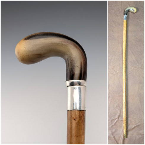 Vintage horn crop handle sterling silver decorated walking stick 85cm